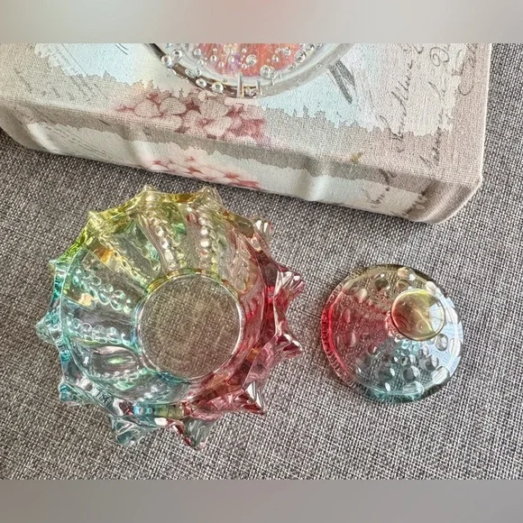 New Rainbow Fluted Knobby Glass Jewelry, Trinket, Candy Dish Decor w/ Lid - 4.5” - Picture 10 of 10